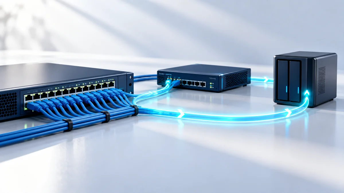 Switch, firewall e armazenamento conectados representam o backup das configurações de rede.