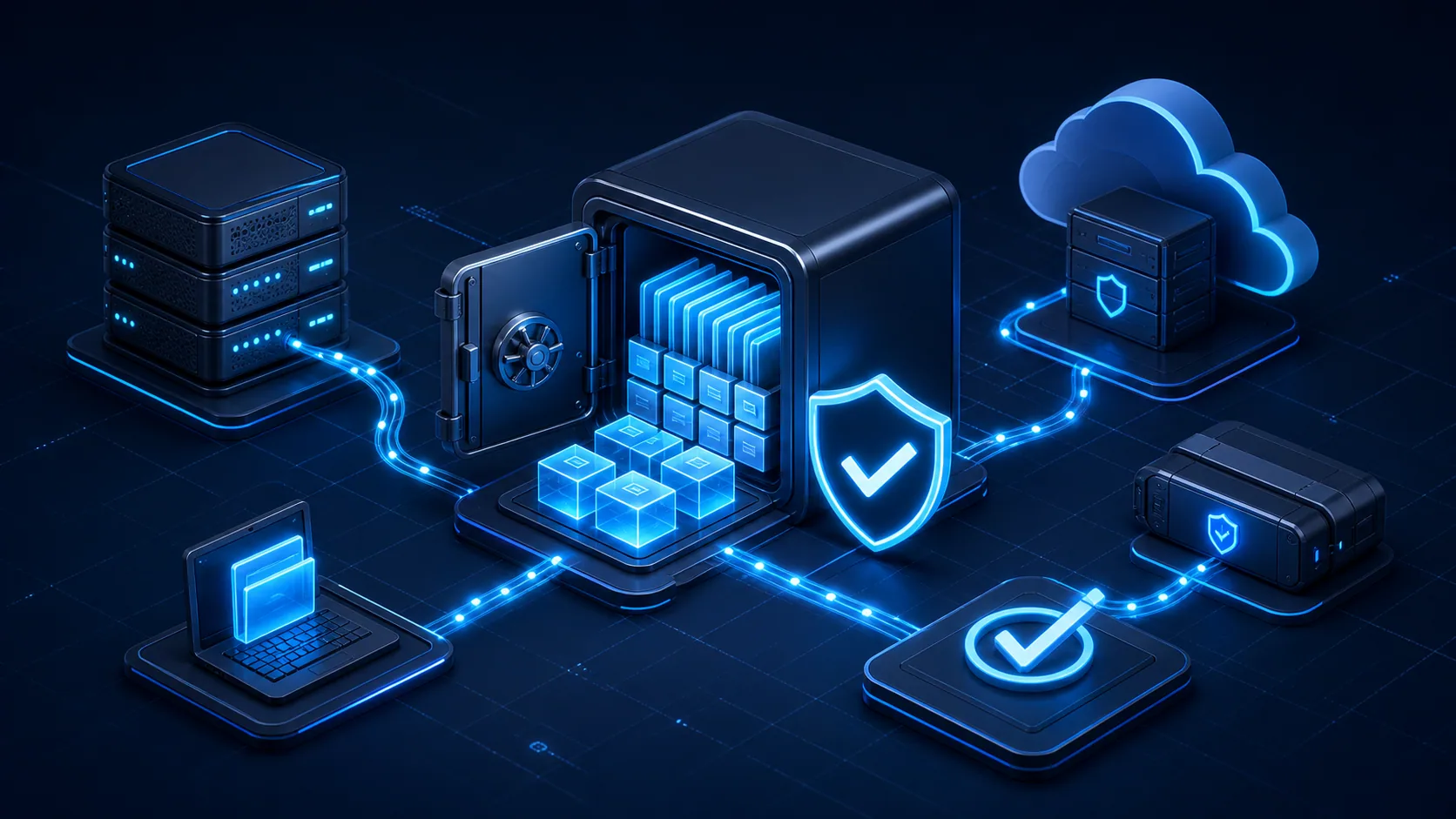 Ilustracao clean de backup empresarial com cofre de dados, copia externa e restauracao testada.