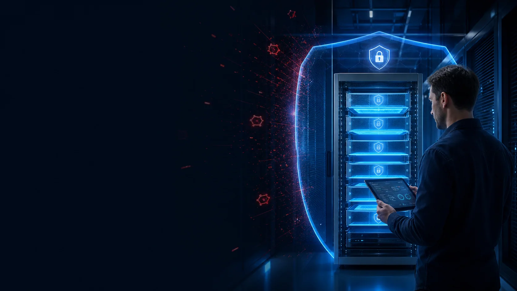 Infraestrutura de backup protegida por uma barreira digital contra ameaças de ransomware.