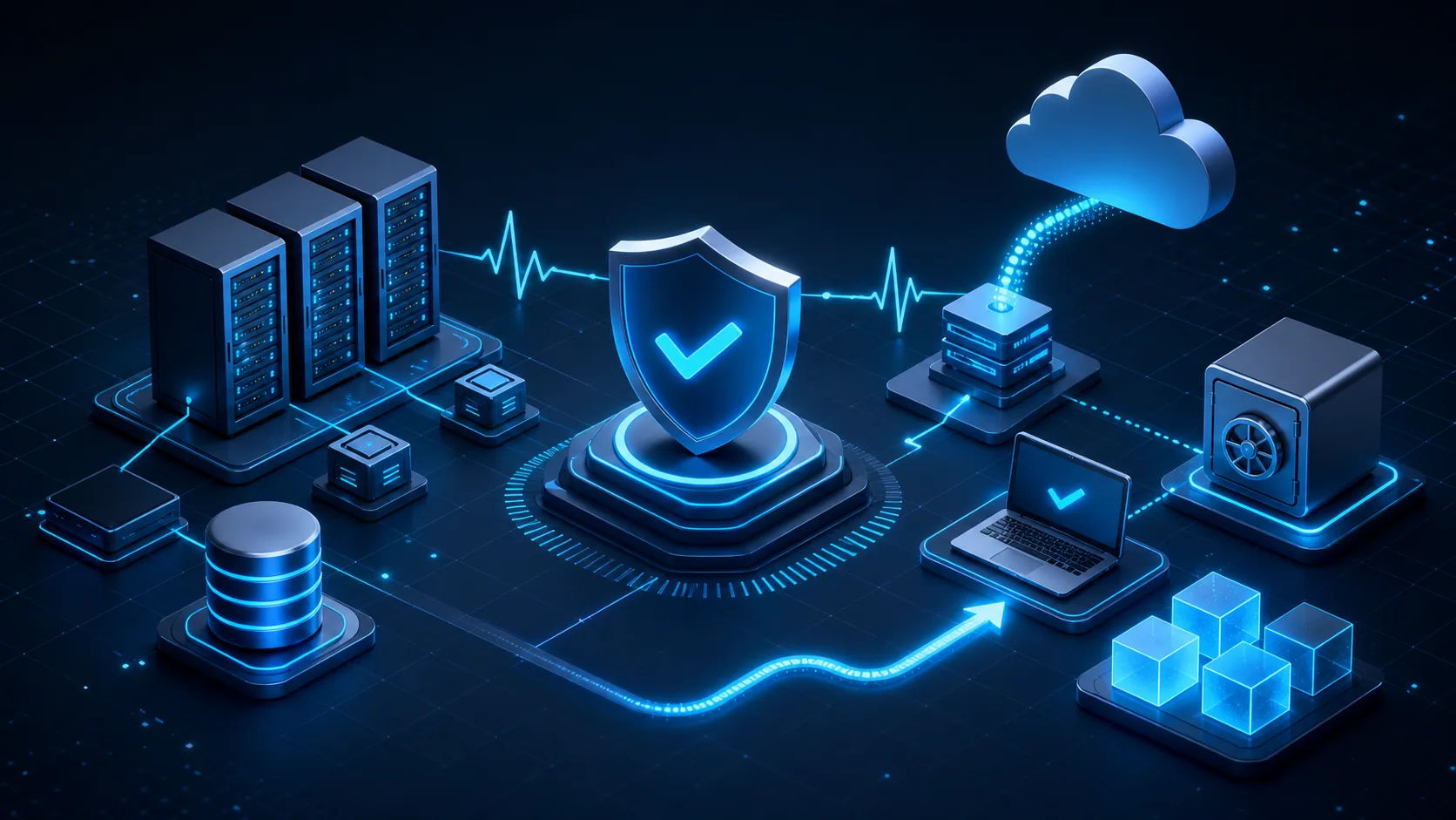 Ilustracao clean de continuidade de negocios com servidores, backup em nuvem e protecao.