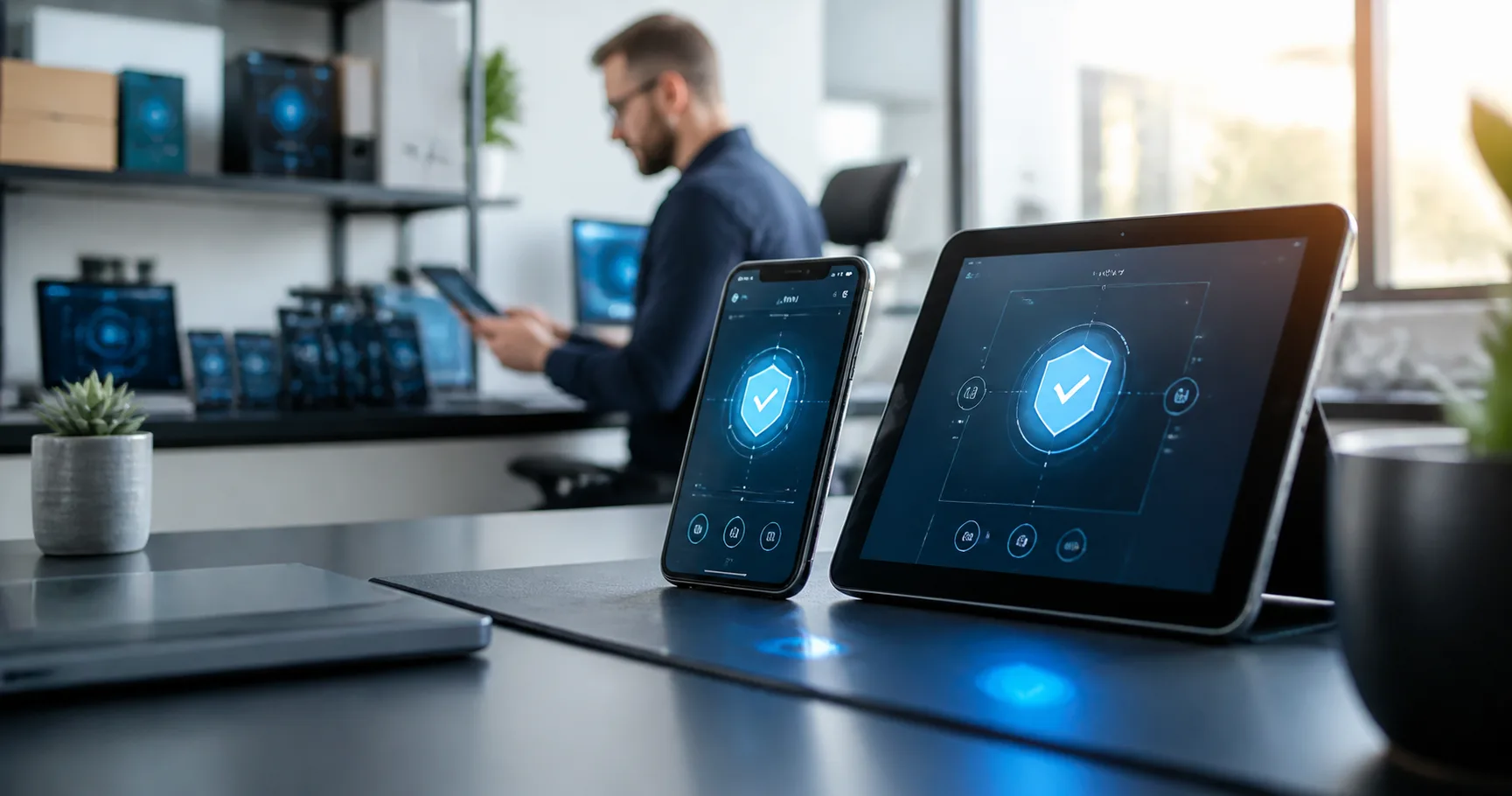 Smartphone e tablet corporativos exibem indicadores de segurança em um ambiente de trabalho moderno.