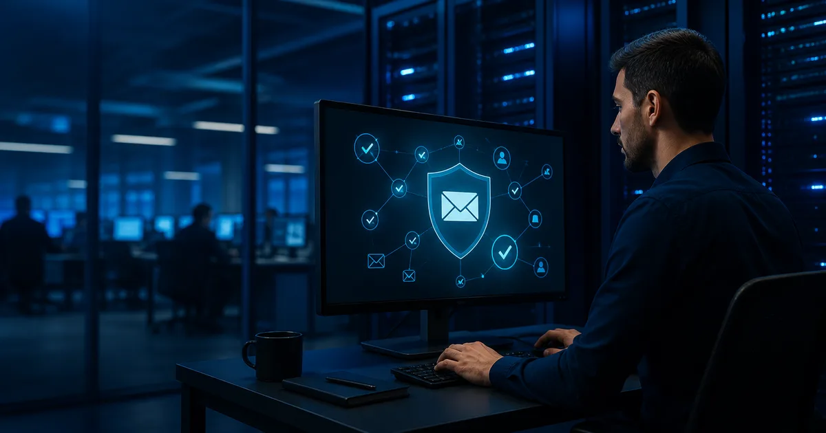 Analista de segurança monitora a autenticação de e-mail corporativo diante de servidores e um painel com envelope protegido.