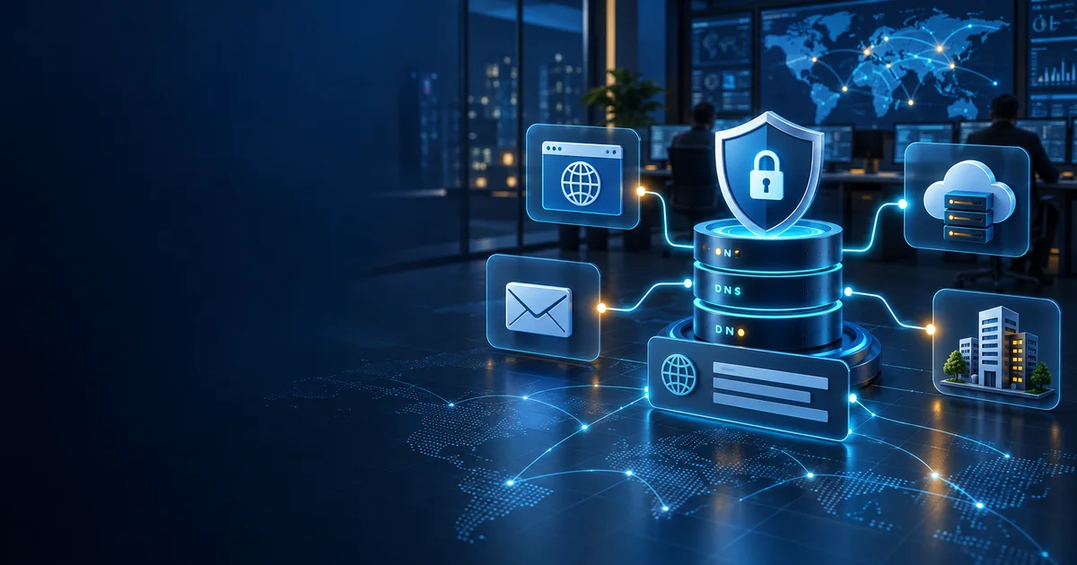 Núcleo DNS protegido conecta site, e-mail, nuvem e rede corporativa em uma central de operações.