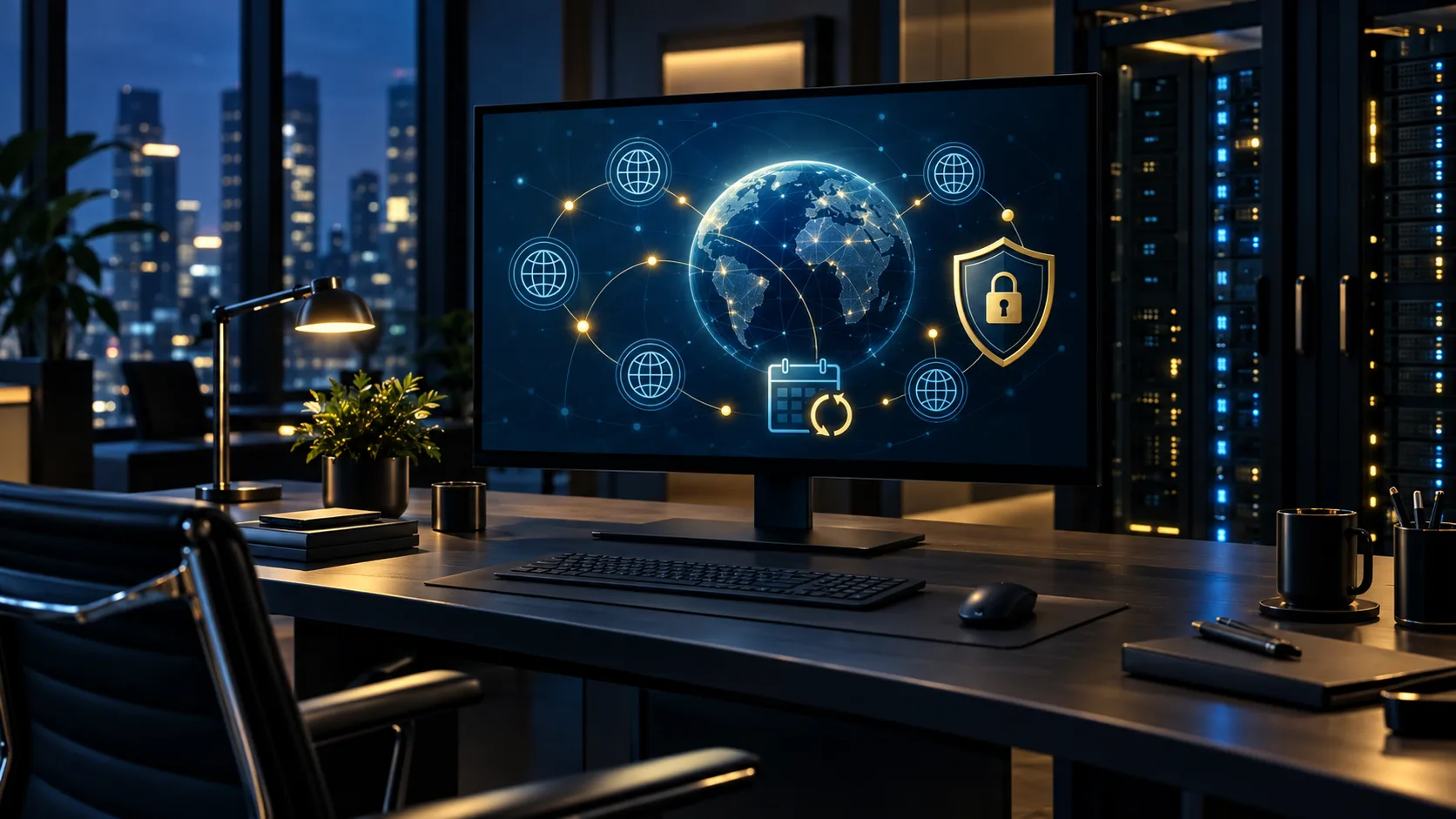 Monitor com globo, conexões DNS, calendário e escudo representa o controle seguro do domínio corporativo.