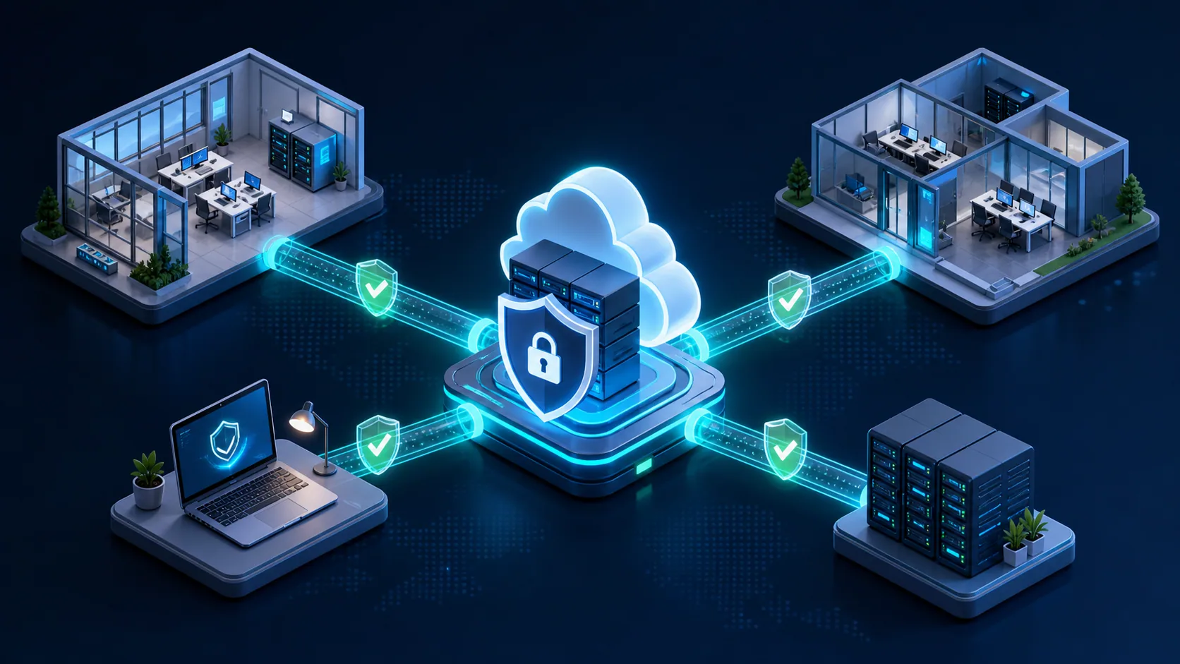 Ilustracao clean de VPN ZTNA com controle central, filiais, usuario remoto e tuneis seguros criptografados.