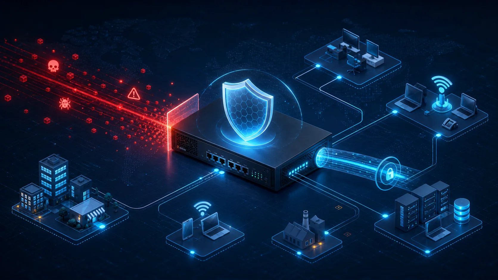 Ilustracao clean de firewall profissional protegendo redes segmentadas e acesso remoto.
