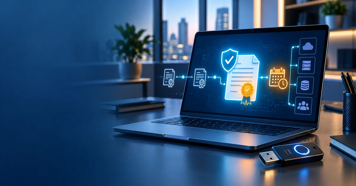 Notebook corporativo e token seguro representam a gestão de certificados digitais, renovação e proteção de identidade.