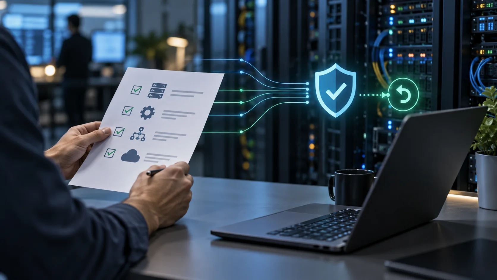 Equipe de TI revisa uma mudança controlada em infraestrutura, com proteção e plano de retorno representados visualmente.