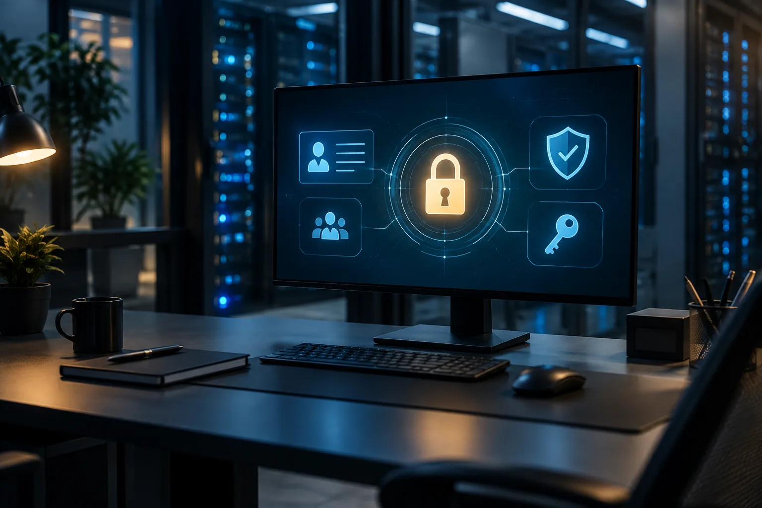 Cofre digital com cadeado, identidade e autenticação multifator representa a gestão segura de senhas corporativas.