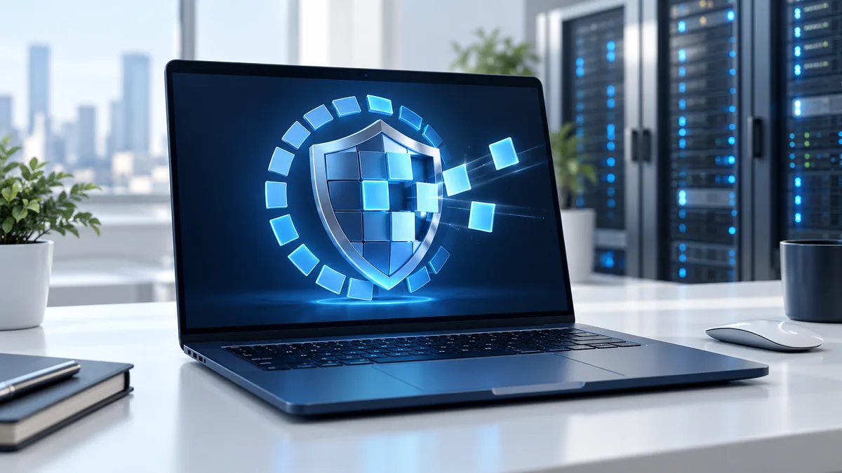 Notebook com escudo formado por blocos representa a correção de vulnerabilidades.