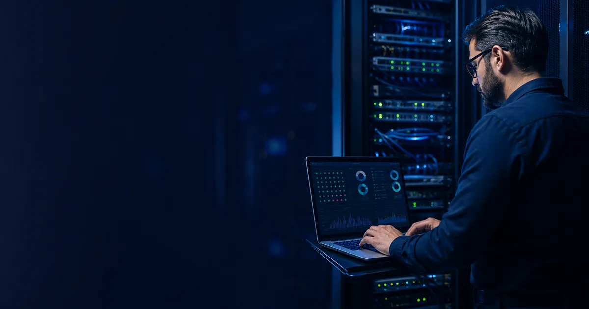 Profissional de TI analisa um painel de atualizações diante de racks de servidores, representando a gestão de vulnerabilidades corporativas.