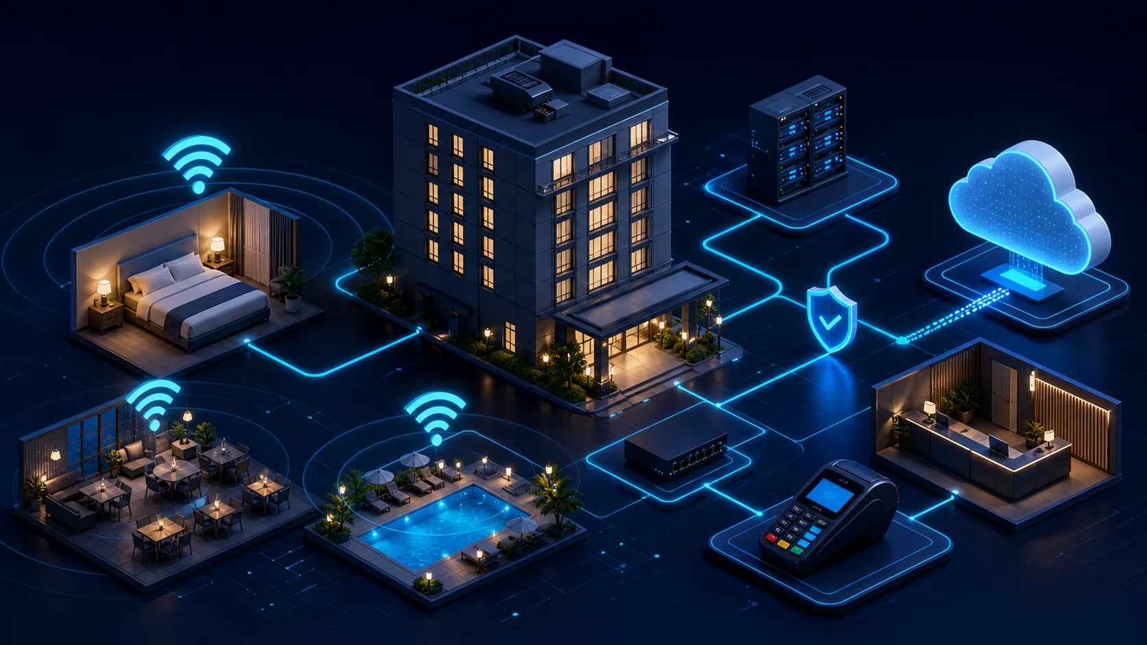 Ilustracao clean de hotelaria com Wi-Fi, reservas, pagamentos, rede segmentada e backup.