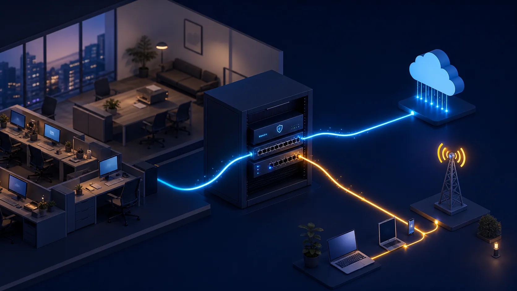 Rack de rede corporativa conectado por links de fibra e rede móvel para continuidade de internet.