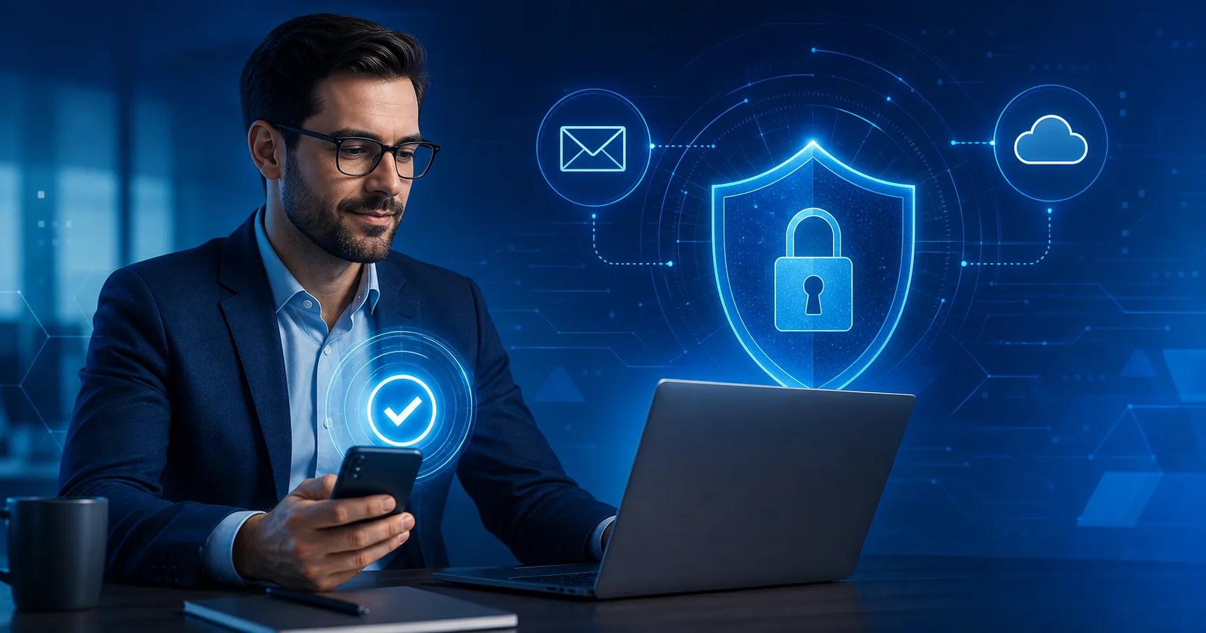 Profissional corporativo aprovando autenticação multifator em smartphone ao lado de laptop e elementos de segurança digital.