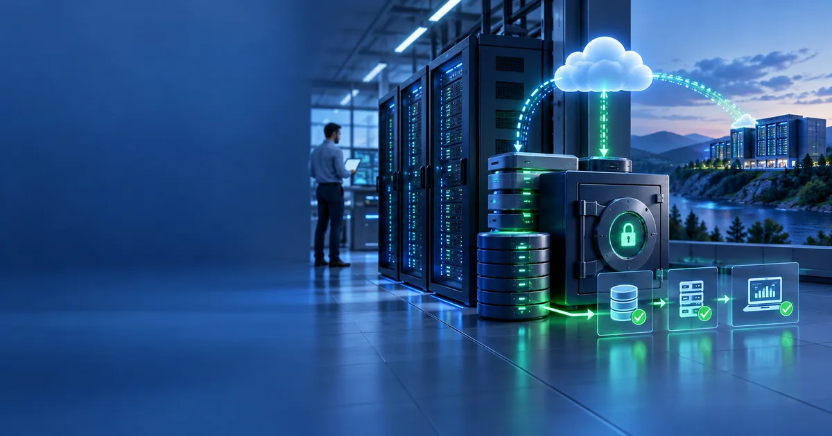Sala de servidores com cofre de backups e conexão com ambiente de recuperação representa continuidade de sistemas críticos.