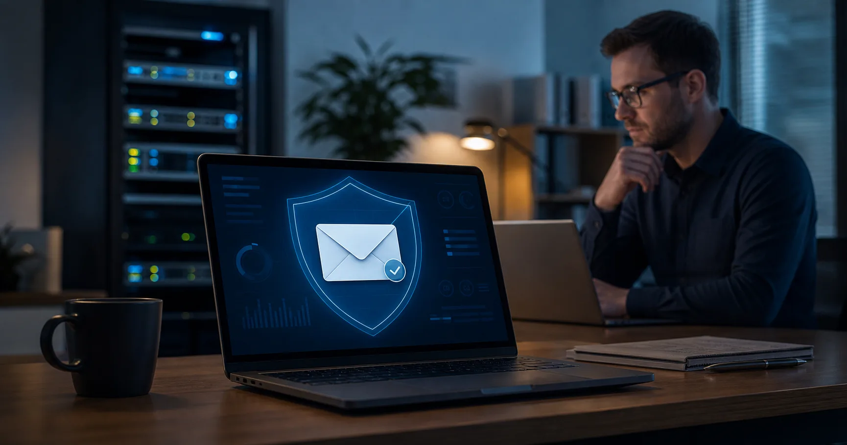 Profissional de TI analisa a proteção de e-mail corporativo em uma estação de trabalho com infraestrutura de rede.
