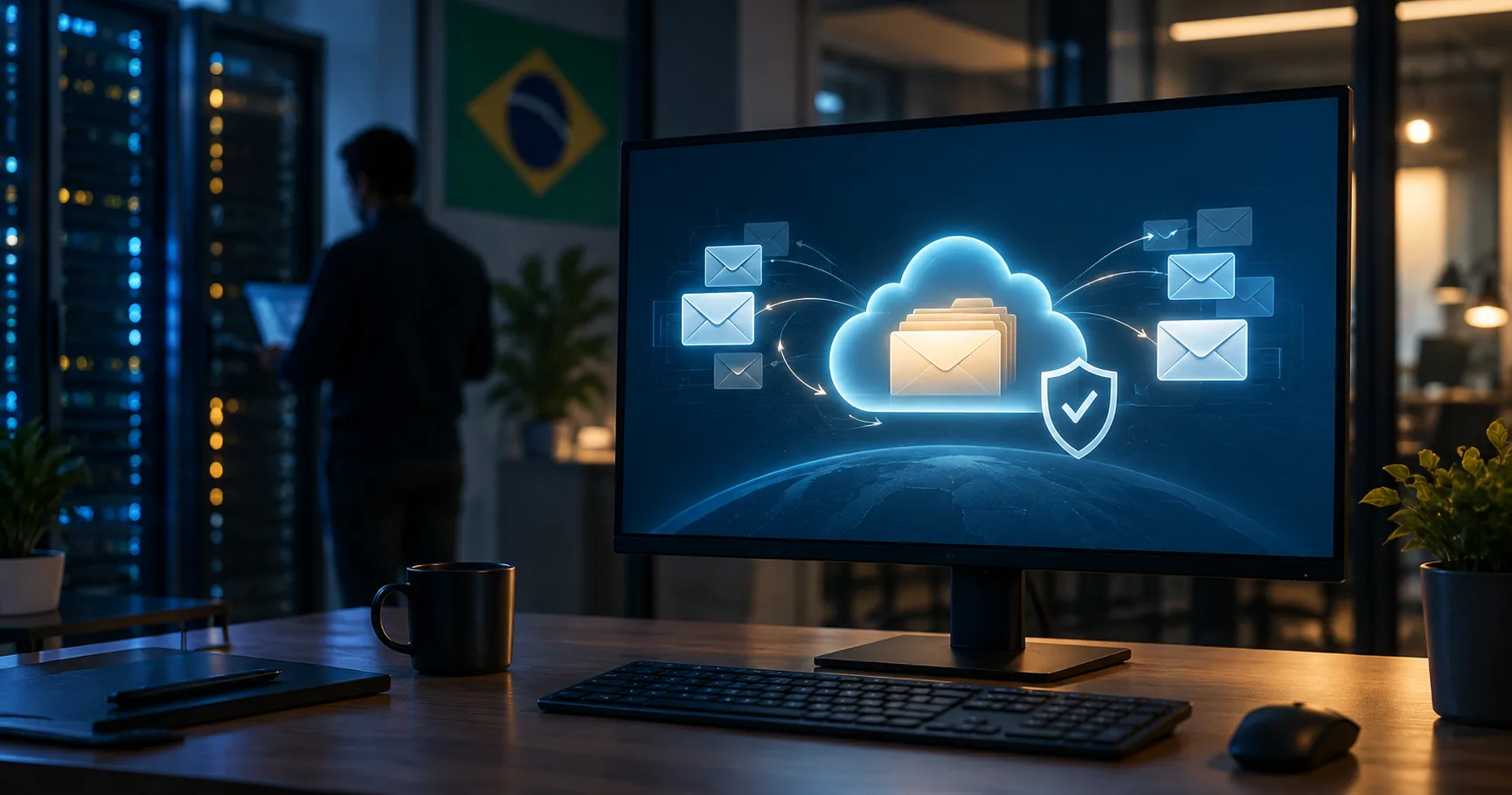 Monitor corporativo mostra e-mails protegidos e arquivados em nuvem, representando retenção e recuperação segura.