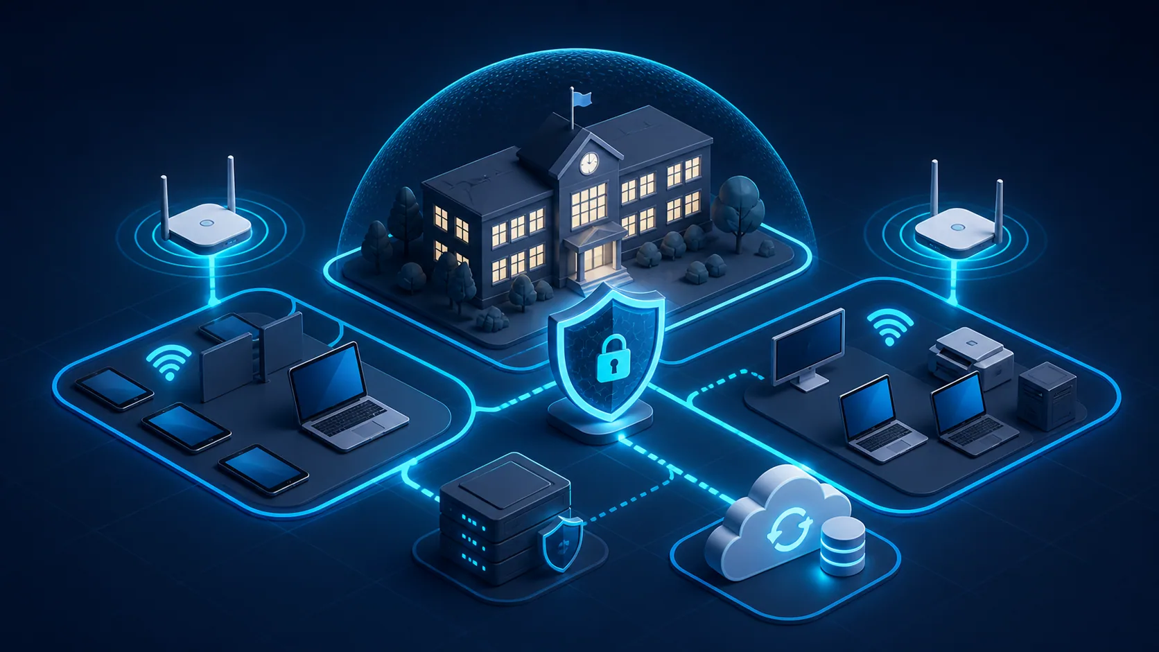 Ilustracao clean de escola com Wi-Fi segmentado, dados administrativos protegidos e backup.