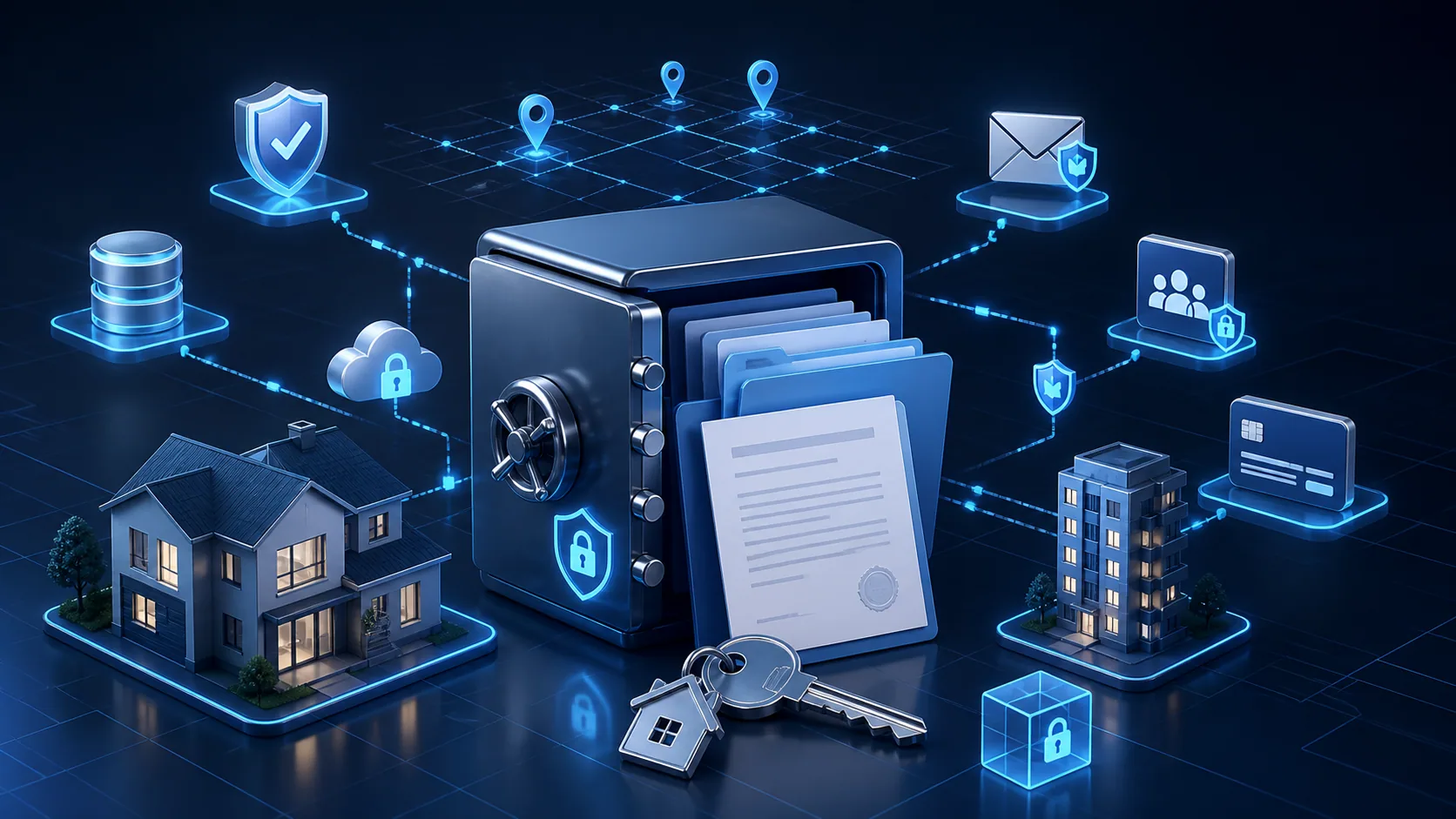 Ilustracao clean de contratos imobiliarios, dados de clientes e acessos protegidos.