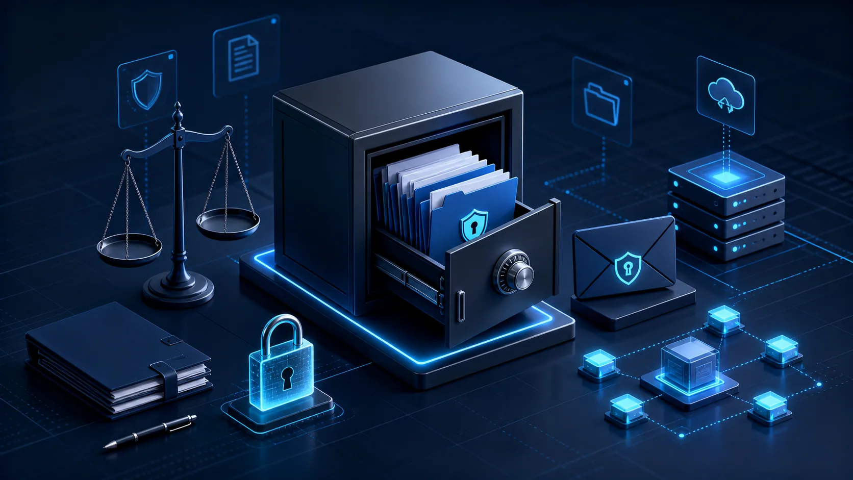 Ilustracao clean de documentos juridicos protegidos com controle de acesso, backup e seguranca.