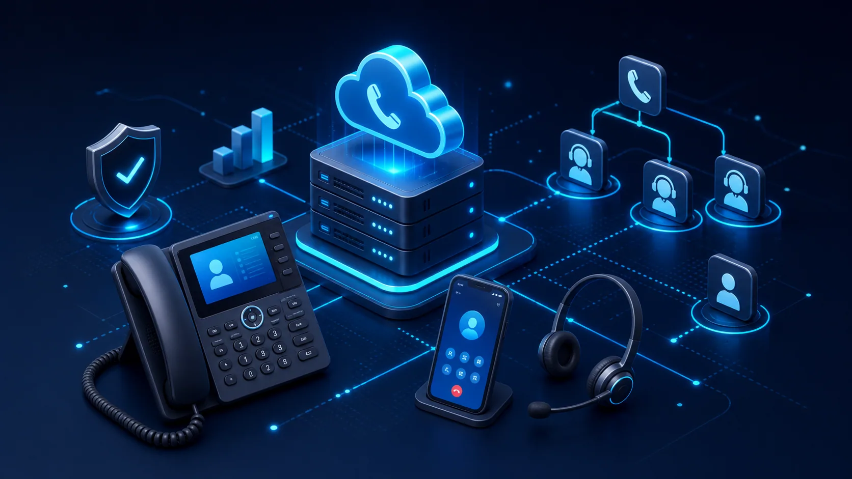 Ilustracao clean de telefonia empresarial com ramais, softphone, headset e PABX em nuvem.