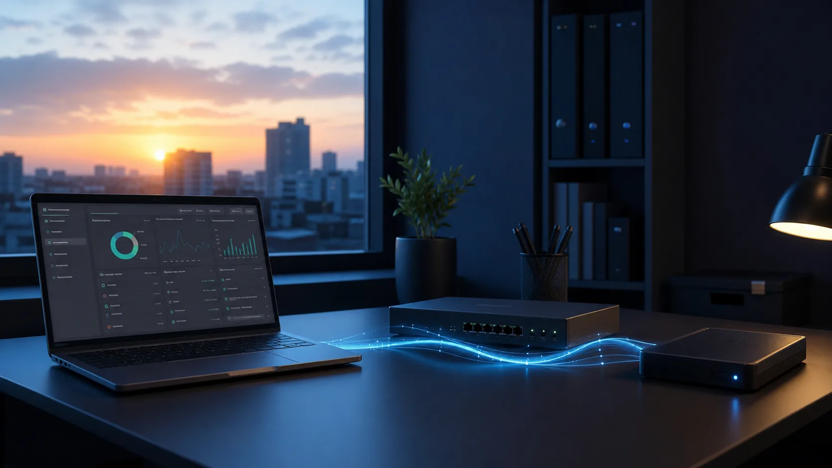 Mesa corporativa com painel de monitoramento, equipamento de rede e unidade de backup, representando recuperação e continuidade de dados.