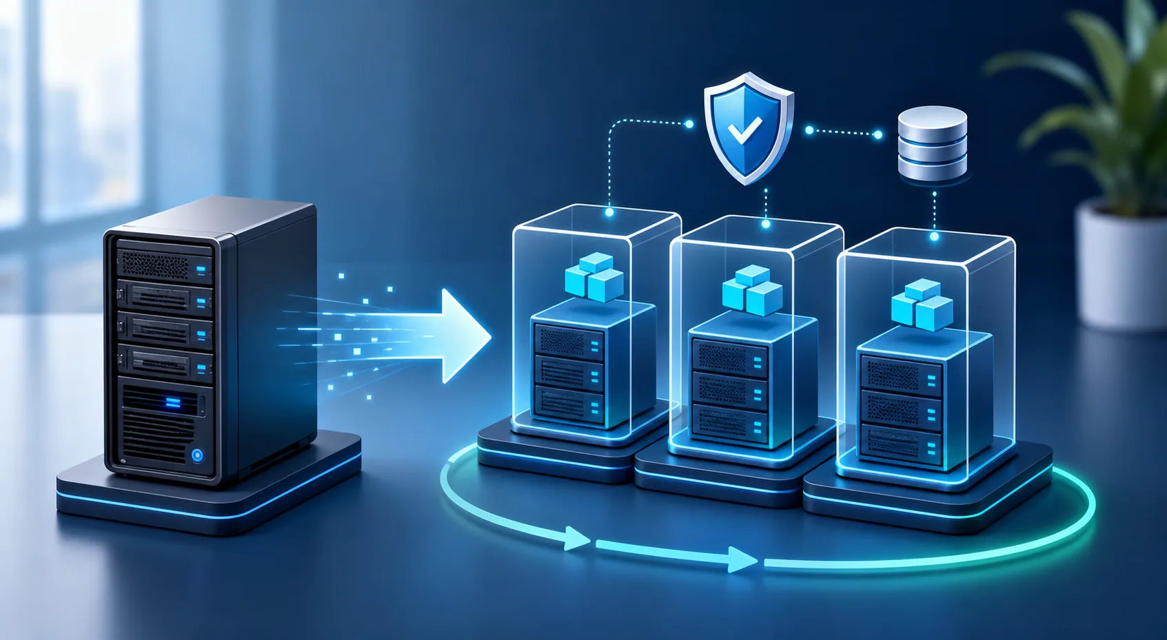 Ilustração de um servidor físico sendo transformado em máquinas virtuais com backup e proteção.