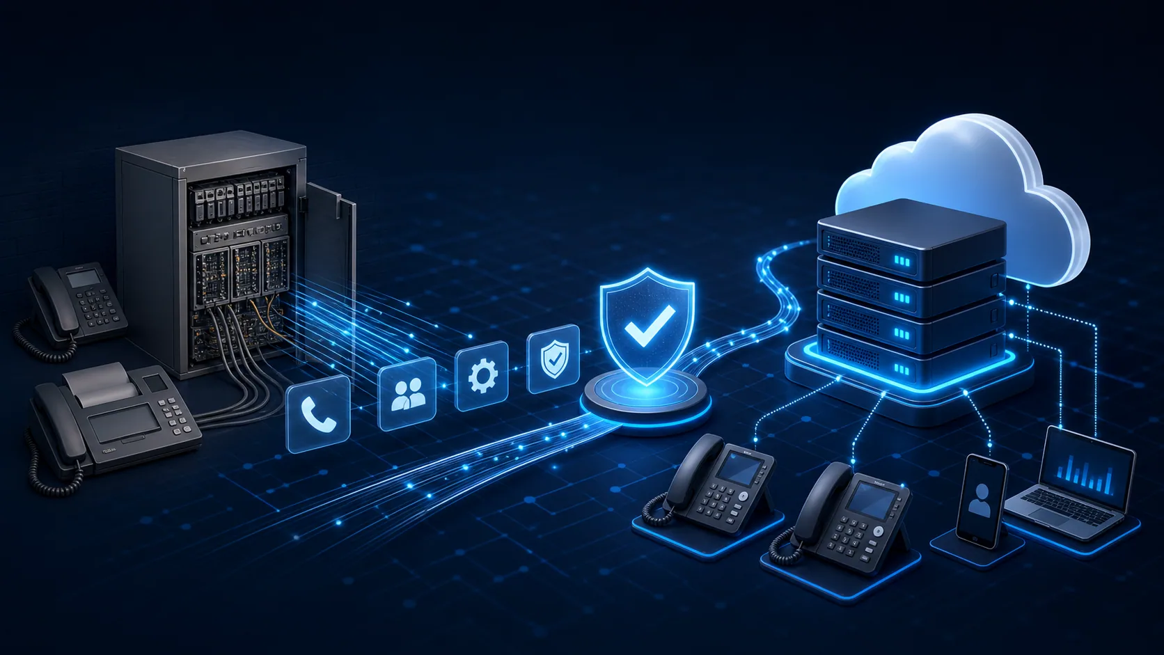 Ilustracao clean de migracao de telefonia PBX para plataforma VoIP moderna com seguranca.