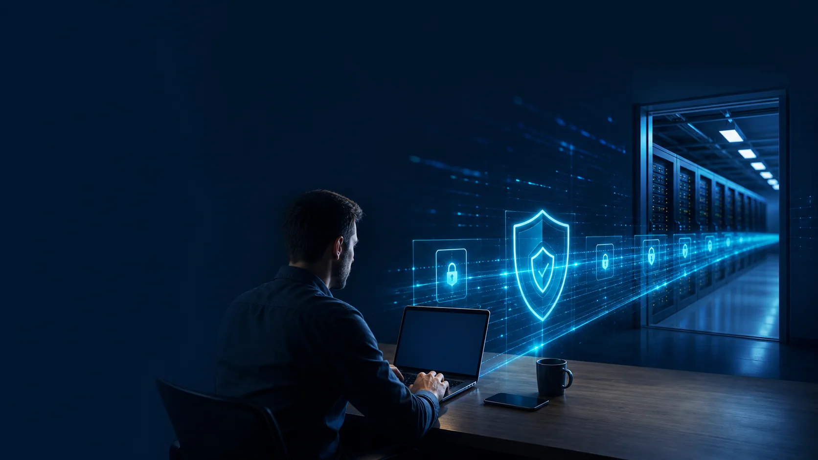Acesso remoto seguro conectando profissional e servidores corporativos com controles de identidade.