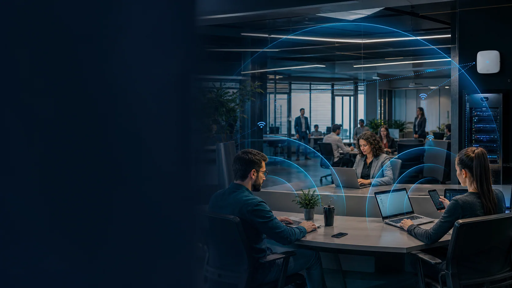 Escritório corporativo conectado por uma rede Wi-Fi segura e organizada.